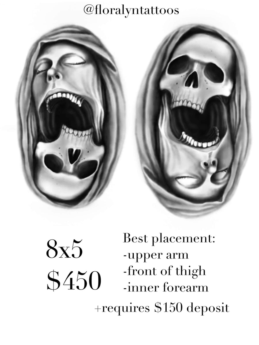 Black and grey surreal tattoo design of a screaming face transitioning into a skull, smooth airbrush shading and high contrast realism.