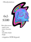 Psychedelic skull tattoo illustration with neon rainbow contour layers and bold black outline in a graphic, modern style.
