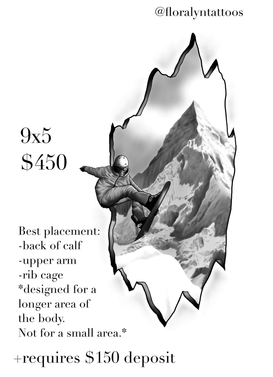 Illustrated tattoo flash design featuring snowboarder jumping in mountain cutout silhouette