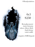 Illustrated tattoo flash design featuring screaming ghostly figure with flowing hair and forest silhouette