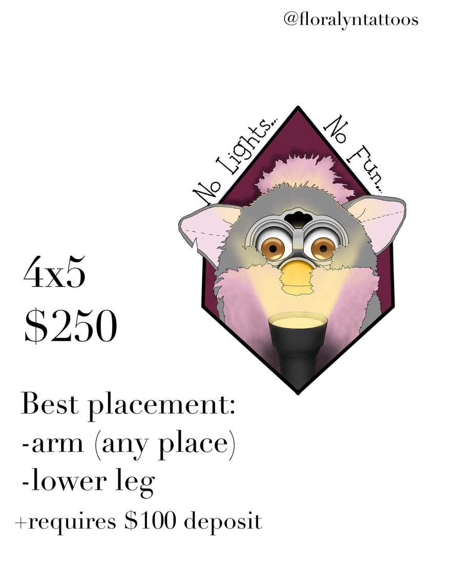 Illustrated tattoo flash design featuring Furby holding flashlight with “No Lights… No Fun” text