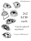 Illustrated tattoo flash designs featuring surreal eye variations in black ink