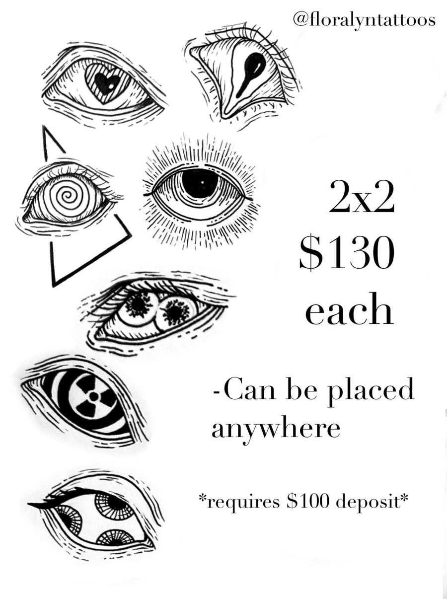 Illustrated tattoo flash designs featuring surreal eye variations in black ink