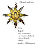 Illustrated tattoo flash design featuring sun face with third eye and radiating flames
