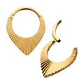 A decorative gold-toned septum clicker or ear jewelry piece featuring a sharp teardrop silhouette with a ridged, sunburst-style texture radiating from the bottom point, shown in both closed and open hinged positions.